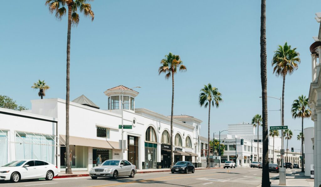 Luxury shopping in Beverly Hills along a palm-lined boulevard of white boutique facades under a clear sky