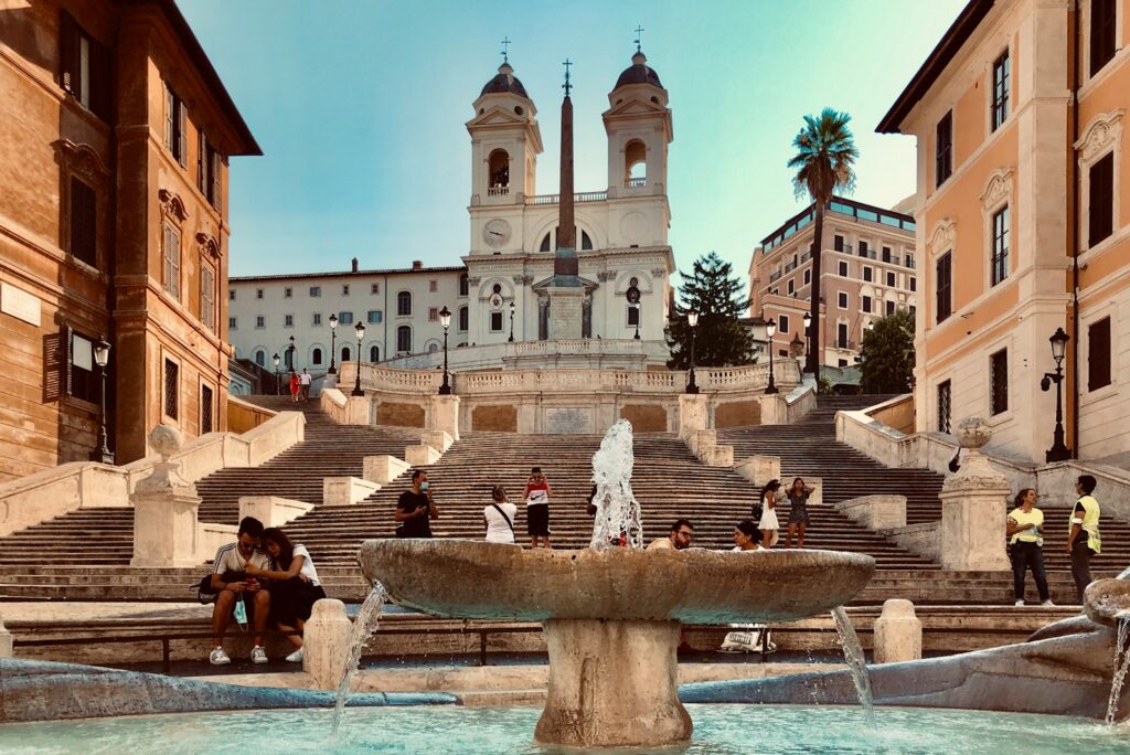 The Spanish Steps and the Barcaccia fountain on Piazza di Spagna in Rome.