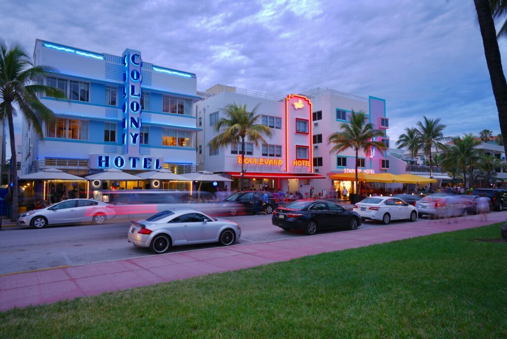 Art Deco hotels on Ocean Drive in South Beach at dusk