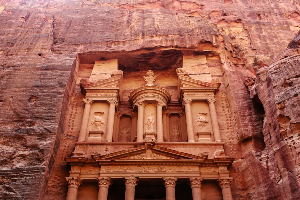 The Treasury at Petra in Jordan, carved into rose-red rock