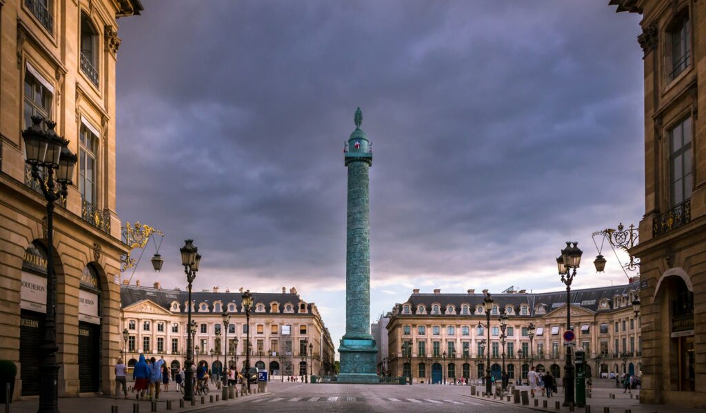 Place Vendôme in Paris at dusk, the square of the Ritz and of the luxury hotels Paris is known for