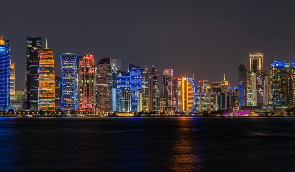 Doha skyline lit up at night ahead of the Qatar Grand Prix weekend at Lusail