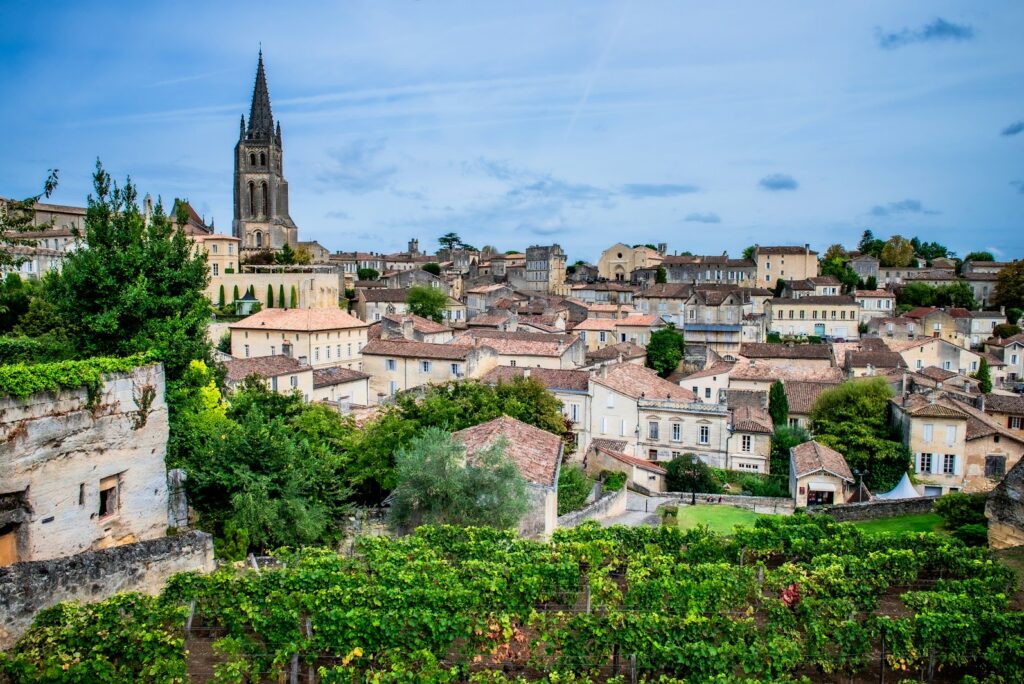 Vineyards below the bell tower of Saint-Émilion in Bordeaux