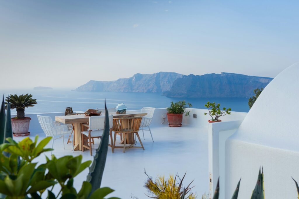 Terrace table overlooking the sea on a Greek island