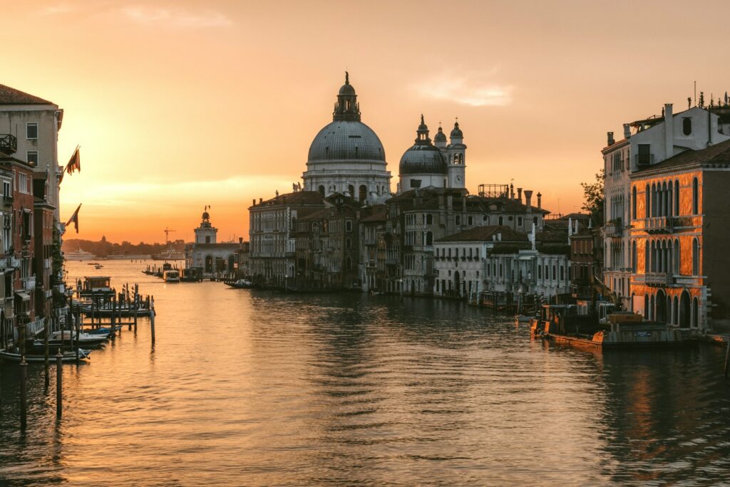 Santa Maria della Salute and the Grand Canal in Venice at sunset