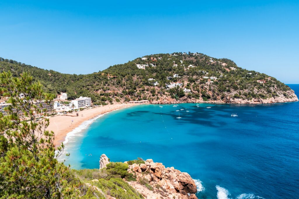 Turquoise bay with moored boats below a wooded hillside on the Ibiza coast